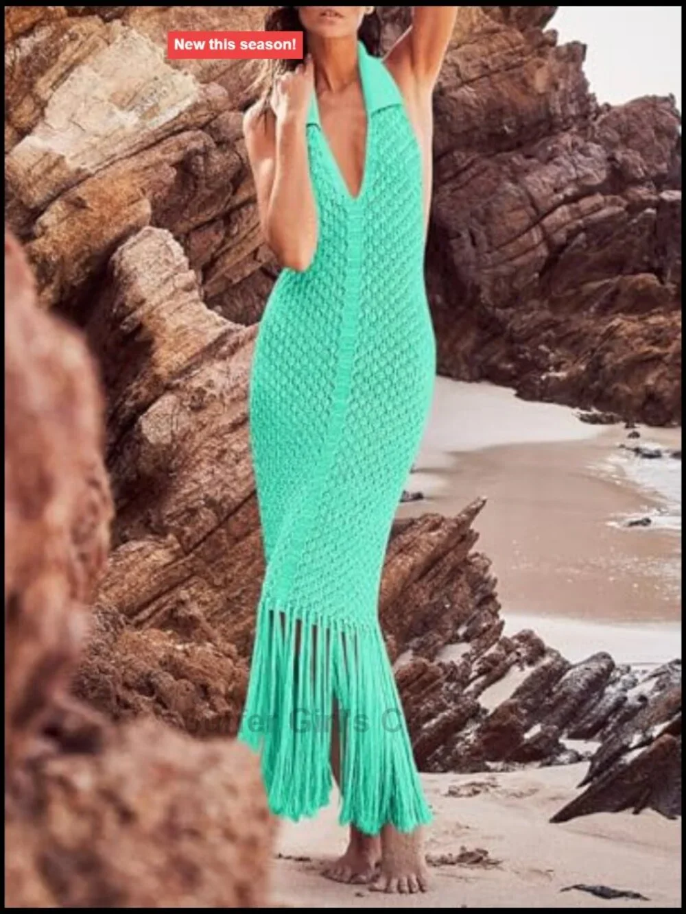 Halter Crochet Cover Up Fringe Backless Sleeveless V Neck Beach Maxi Dress